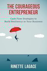 Book cover of The Courageous Entrepreneur showing a silhouette of a person holding a red umbrella suspended above stormy waters with sharks