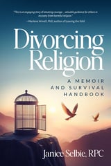 Book cover for Divorcing Religion by Janice Selbie showing an open birdcage with birds flying away at sunset over mountains