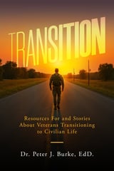 Book cover for Transition by Dr. Peter J. Burke showing a lone figure on a road at sunset with glowing yellow title text overhead