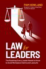 Law for Leaders book cover featuring scales of justice, two silhouetted figures, and red background with text about workplace claims and lawsuits